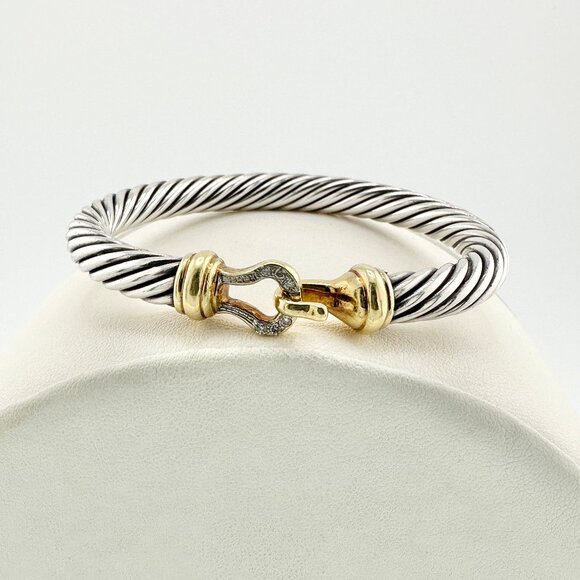 David Yurman Buckle Bracelet w/ 18K Yellow Gold & Diamonds - 7mm - Medium - Picture 8 of 10